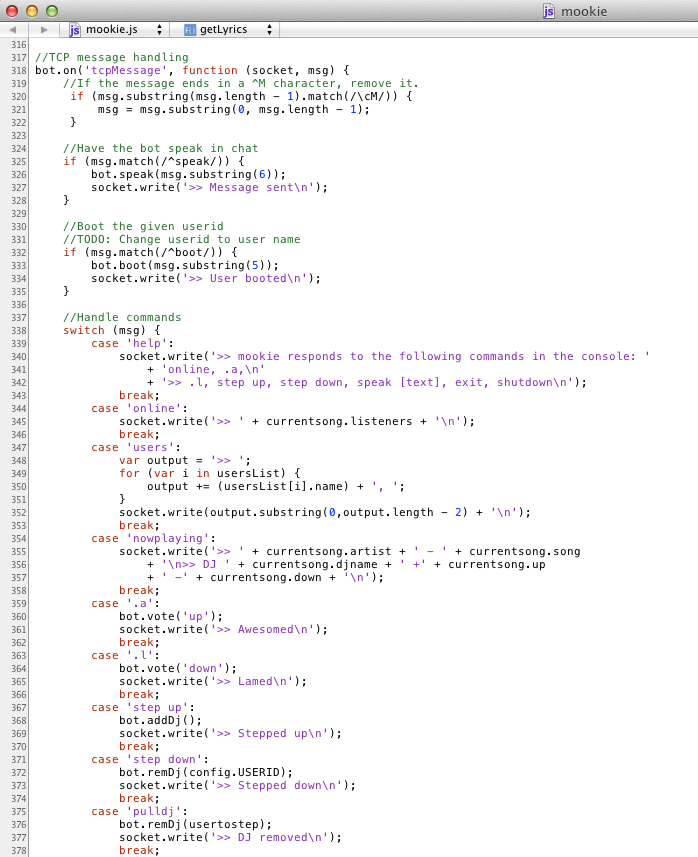 Mookie was written with nodejs and communicates with a mySQL instance